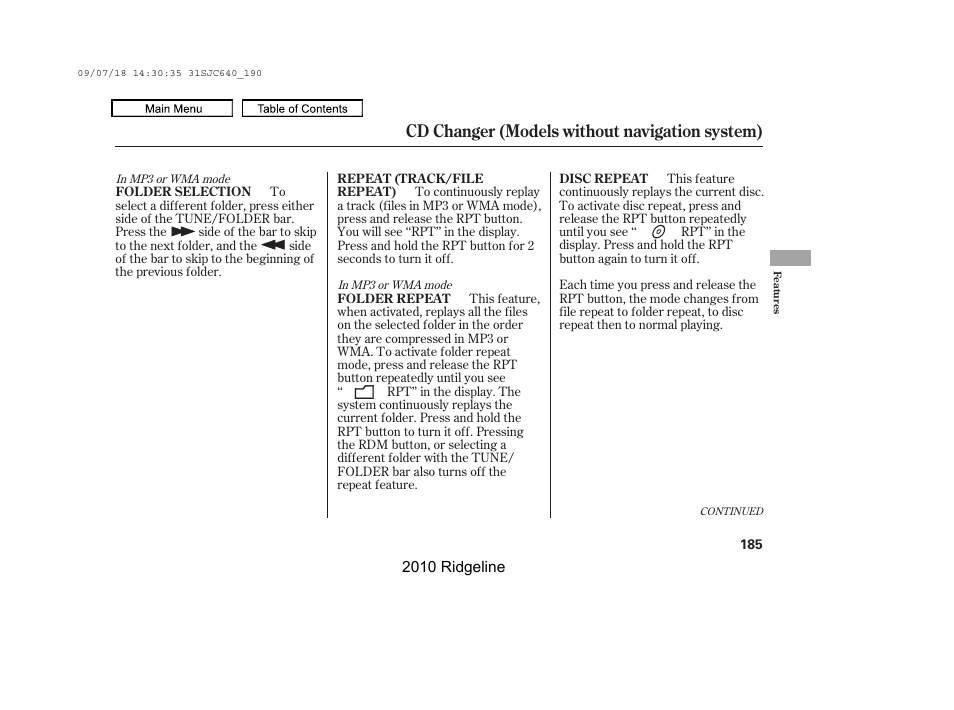 Cd changer (models without navigation system) | HONDA 2010 Ridgeline User Manual | Page 189 / 423