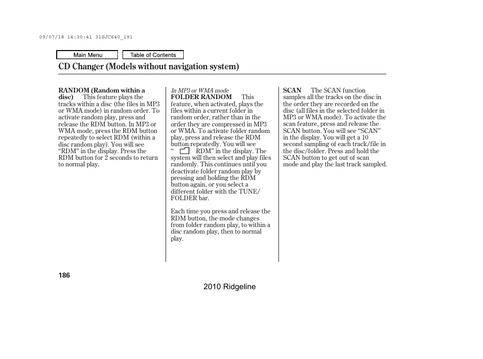 Cd changer (models without navigation system) | HONDA 2010 Ridgeline User Manual | Page 190 / 423