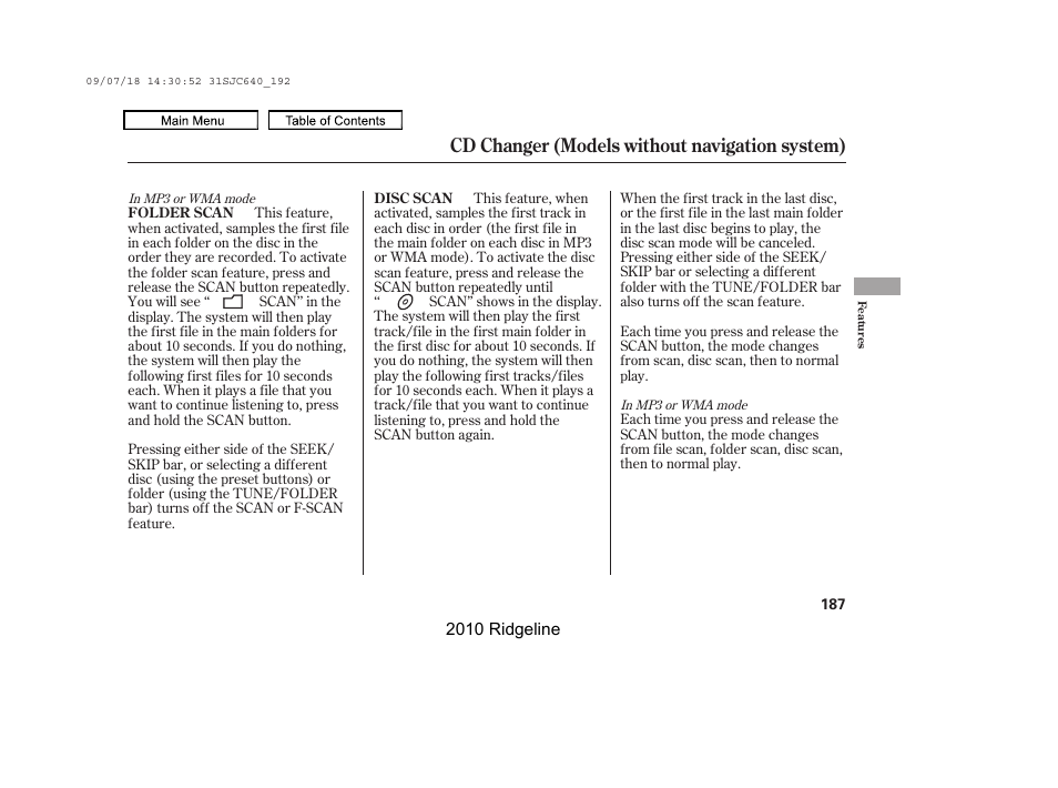 Cd changer (models without navigation system) | HONDA 2010 Ridgeline User Manual | Page 191 / 423