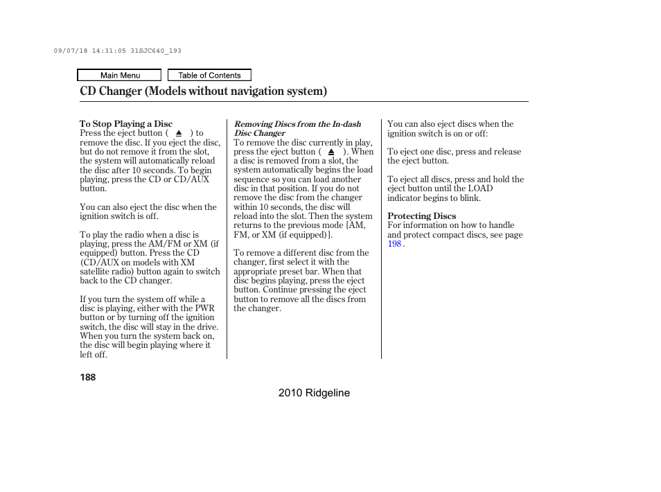 Cd changer (models without navigation system) | HONDA 2010 Ridgeline User Manual | Page 192 / 423