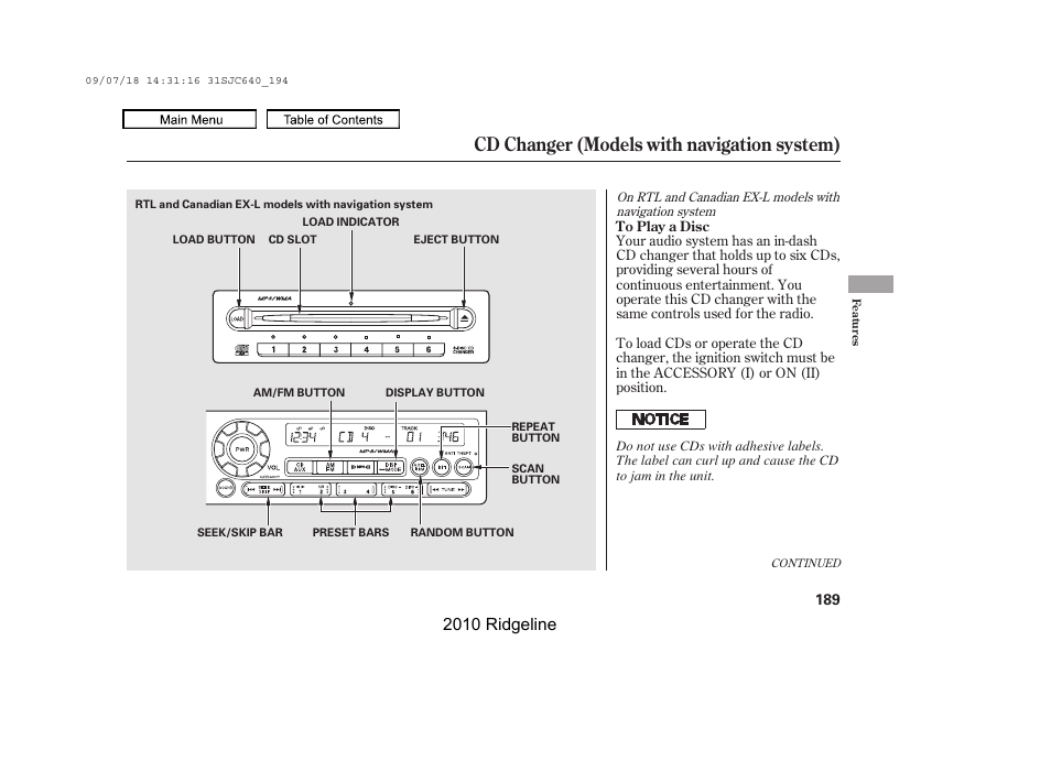 Cd changer (models with navigation system), 2010 ridgeline | HONDA 2010 Ridgeline User Manual | Page 193 / 423