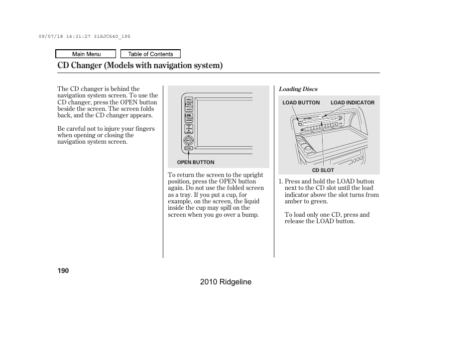 Cd changer (models with navigation system) | HONDA 2010 Ridgeline User Manual | Page 194 / 423