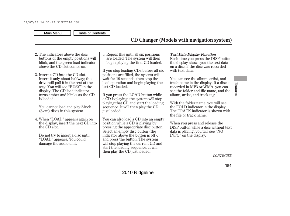 Cd changer (models with navigation system) | HONDA 2010 Ridgeline User Manual | Page 195 / 423