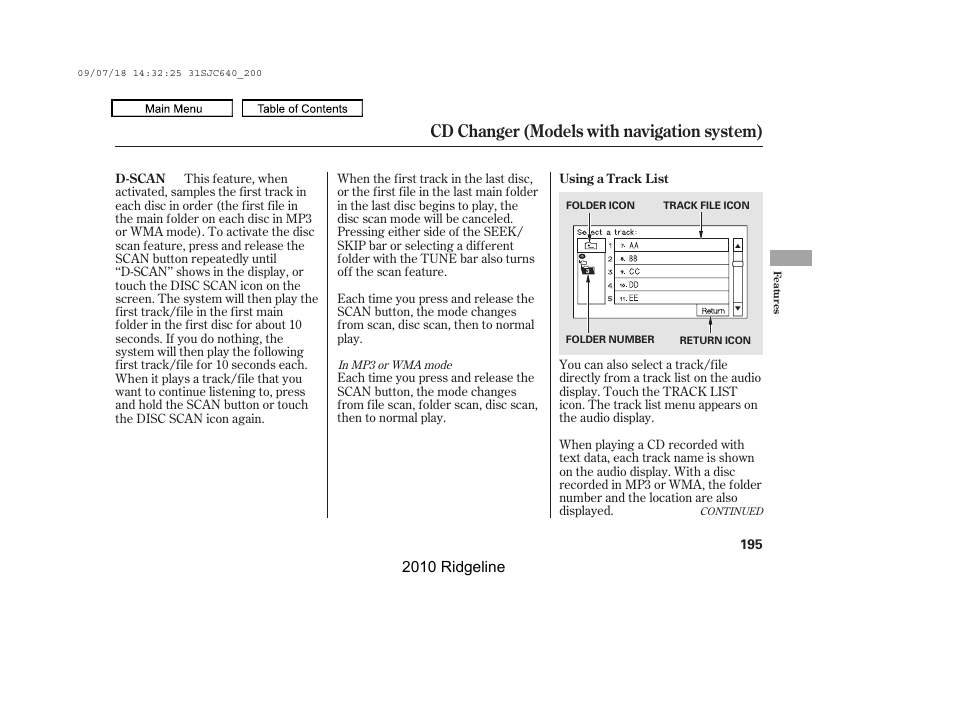 Cd changer (models with navigation system), 2010 ridgeline | HONDA 2010 Ridgeline User Manual | Page 199 / 423