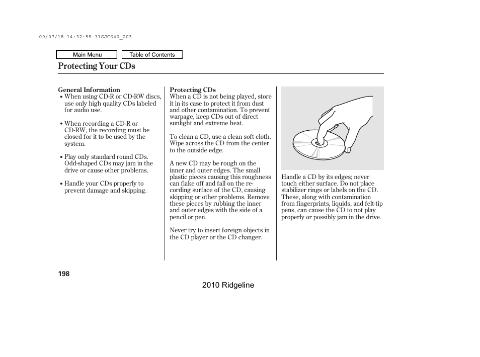 Protecting your cds | HONDA 2010 Ridgeline User Manual | Page 202 / 423