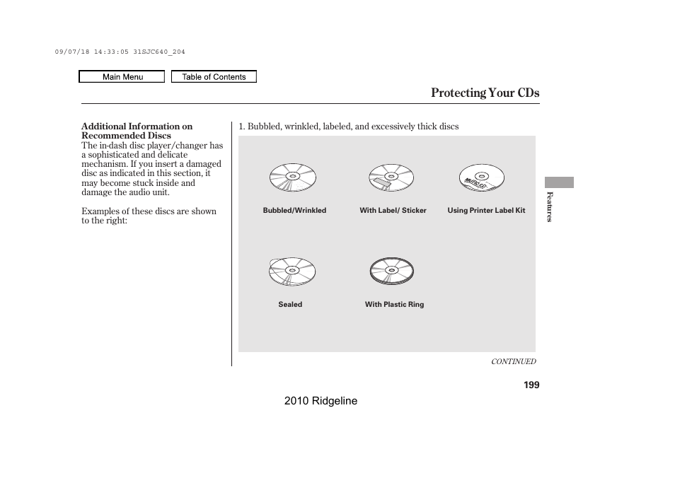 Protecting your cds, 2010 ridgeline | HONDA 2010 Ridgeline User Manual | Page 203 / 423