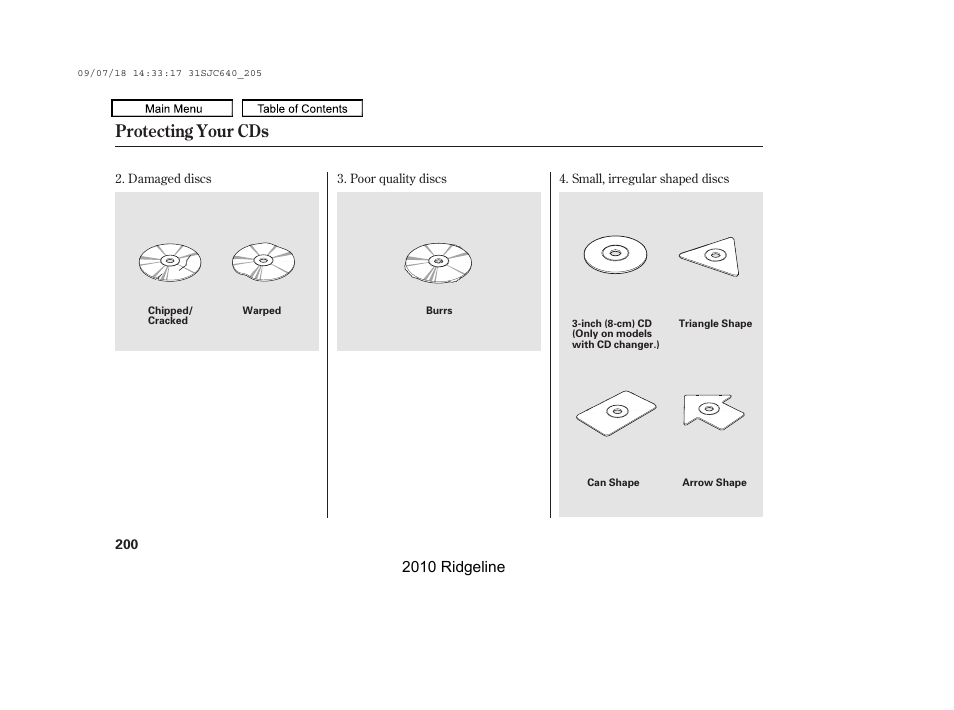 Protecting your cds, 2010 ridgeline | HONDA 2010 Ridgeline User Manual | Page 204 / 423