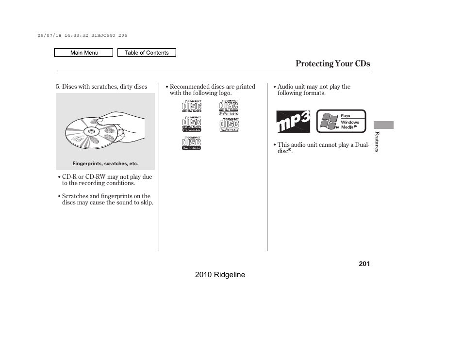 Protecting your cds | HONDA 2010 Ridgeline User Manual | Page 205 / 423