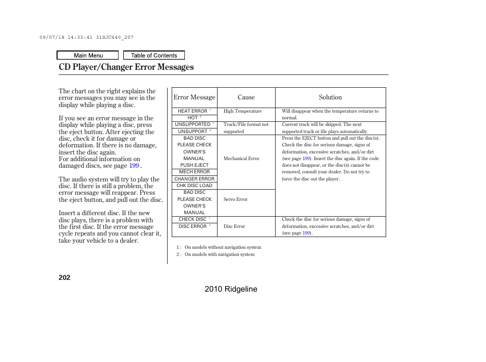 Cd player/changer error messages, 2010 ridgeline | HONDA 2010 Ridgeline User Manual | Page 206 / 423