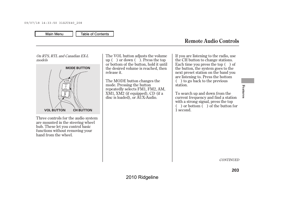 Remote audio controls | HONDA 2010 Ridgeline User Manual | Page 207 / 423