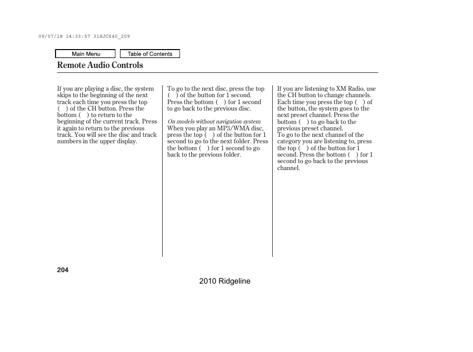 Remote audio controls | HONDA 2010 Ridgeline User Manual | Page 208 / 423