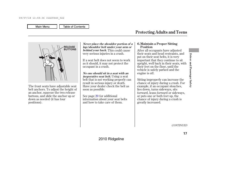 Protecting adults and teens | HONDA 2010 Ridgeline User Manual | Page 21 / 423