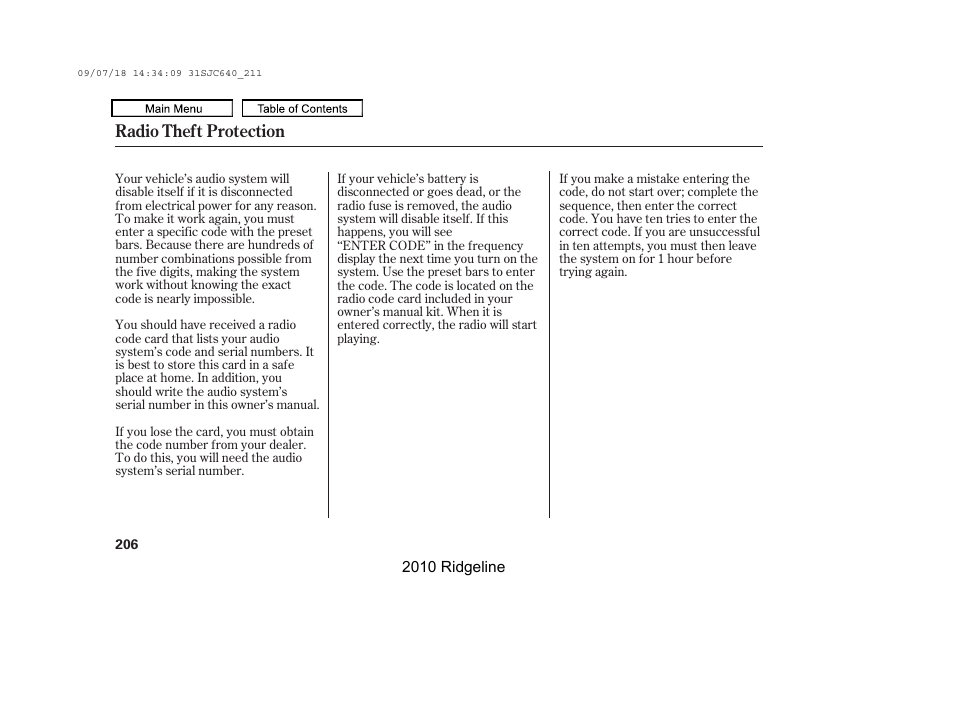 Radio theft protection | HONDA 2010 Ridgeline User Manual | Page 210 / 423