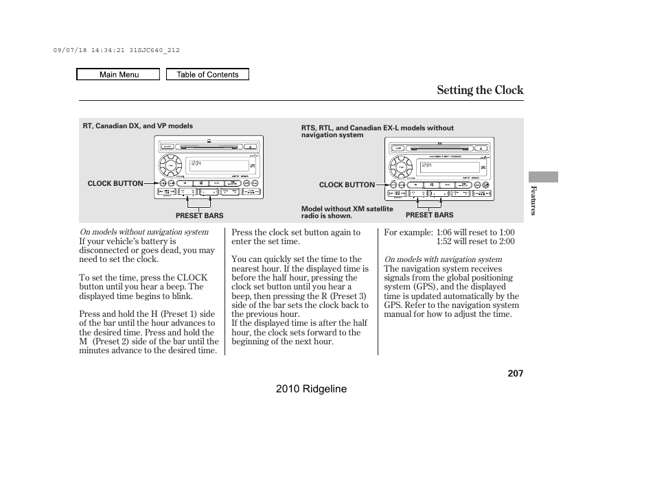 Setting the clock, 2010 ridgeline | HONDA 2010 Ridgeline User Manual | Page 211 / 423