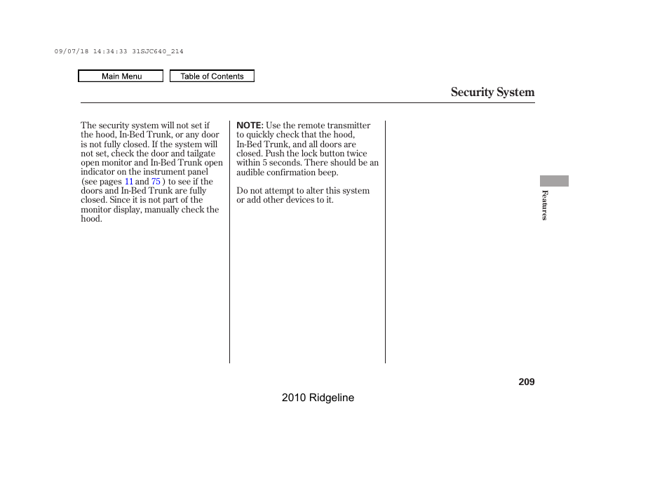 Security system | HONDA 2010 Ridgeline User Manual | Page 213 / 423