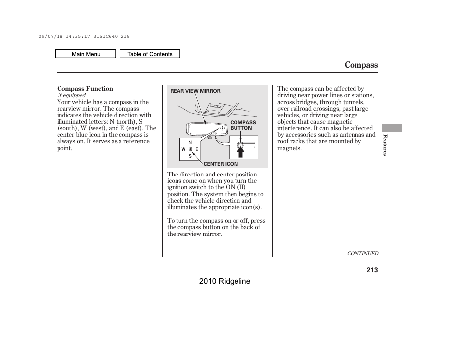 Compass, 2010 ridgeline | HONDA 2010 Ridgeline User Manual | Page 217 / 423