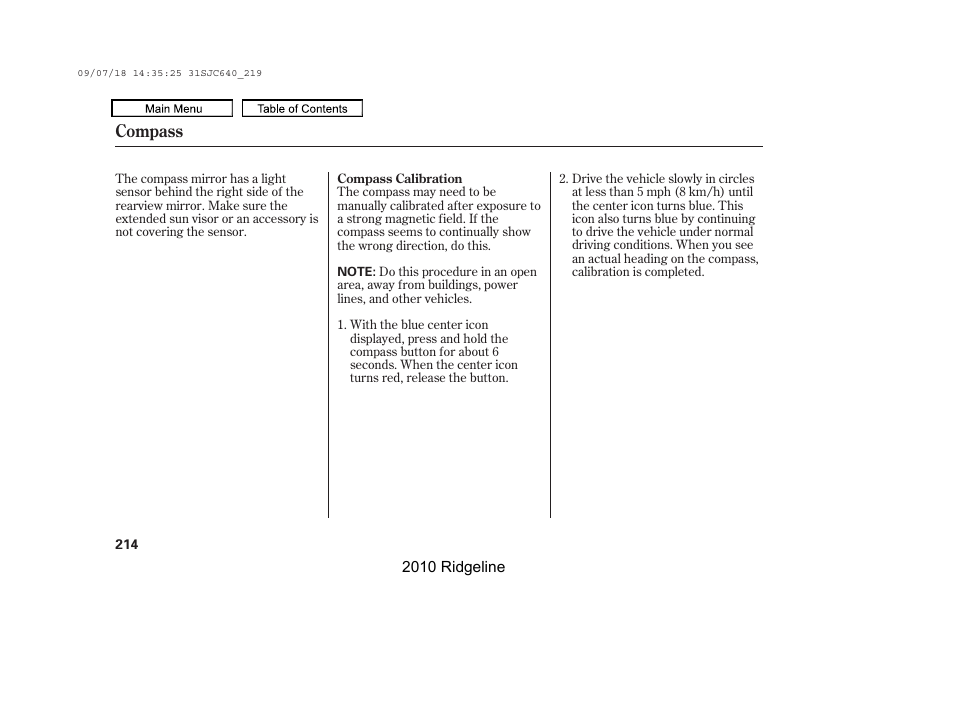 Compass | HONDA 2010 Ridgeline User Manual | Page 218 / 423