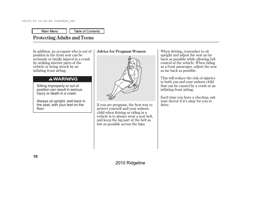 Protecting adults and teens | HONDA 2010 Ridgeline User Manual | Page 22 / 423