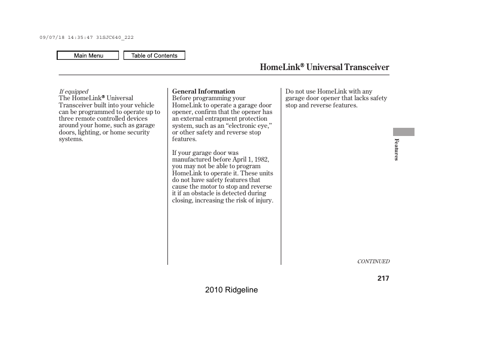 Homelink universal transceiver | HONDA 2010 Ridgeline User Manual | Page 221 / 423