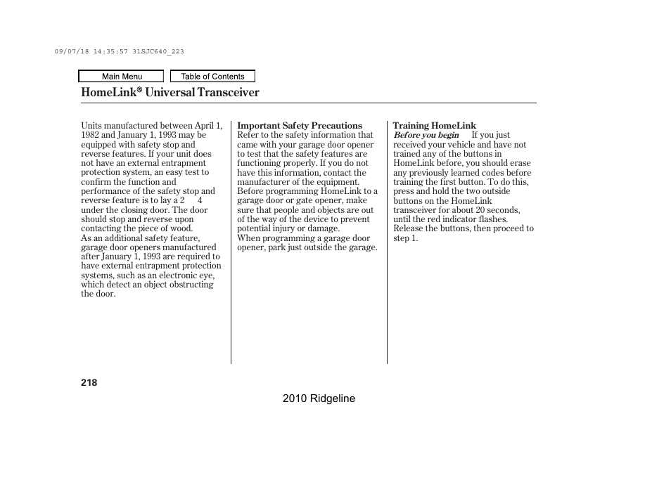 Homelink universal transceiver | HONDA 2010 Ridgeline User Manual | Page 222 / 423