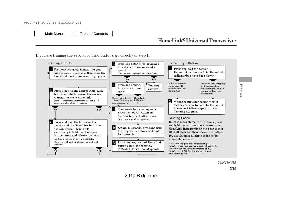 Homelink universal transceiver | HONDA 2010 Ridgeline User Manual | Page 223 / 423