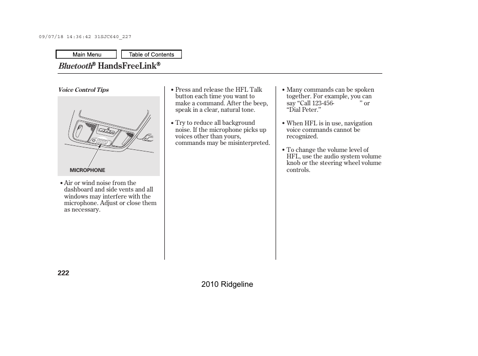 Handsfreelink, Bluetooth | HONDA 2010 Ridgeline User Manual | Page 226 / 423