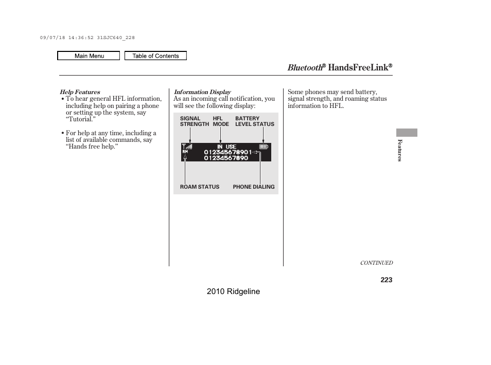 Handsfreelink, Bluetooth, 2010 ridgeline | HONDA 2010 Ridgeline User Manual | Page 227 / 423