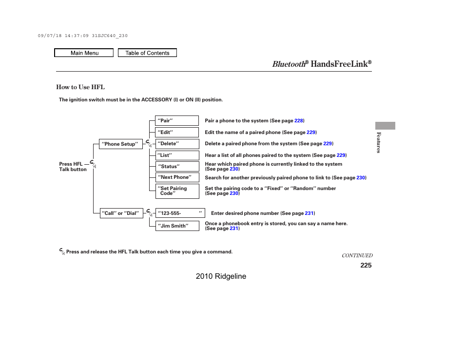 Handsfreelink, Bluetooth, 2010 ridgeline | HONDA 2010 Ridgeline User Manual | Page 229 / 423