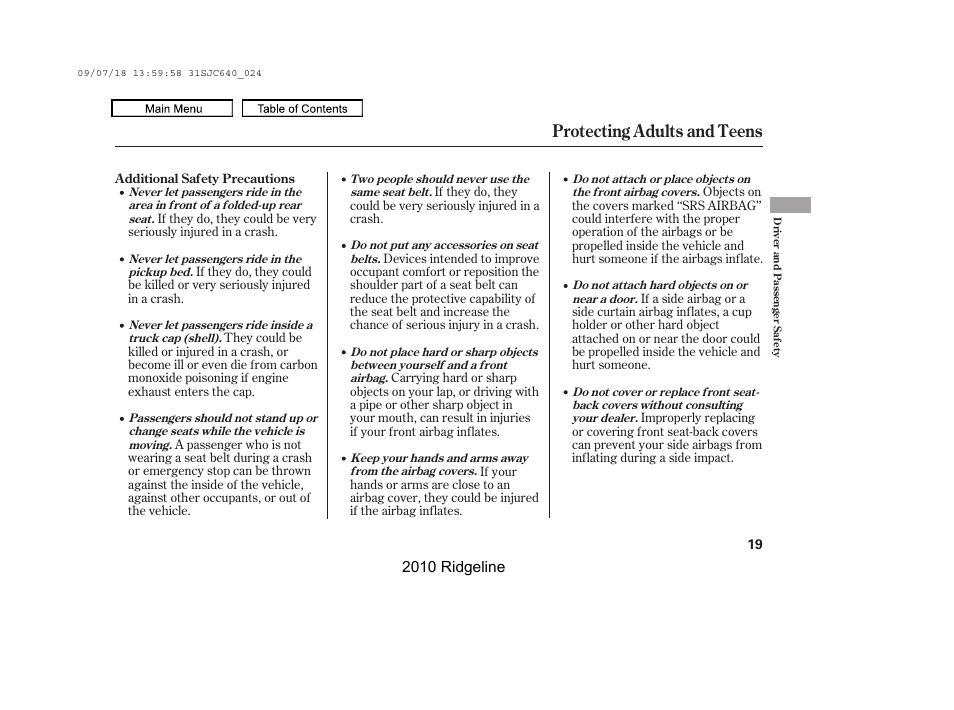 Protecting adults and teens | HONDA 2010 Ridgeline User Manual | Page 23 / 423