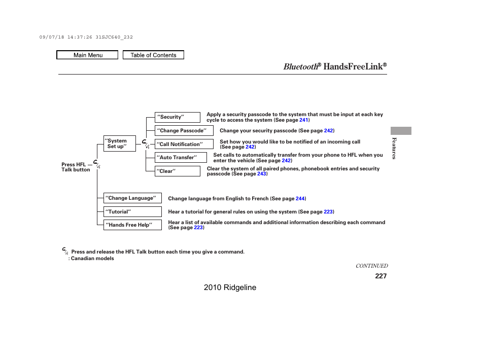 Handsfreelink, Bluetooth, 2010 ridgeline | HONDA 2010 Ridgeline User Manual | Page 231 / 423