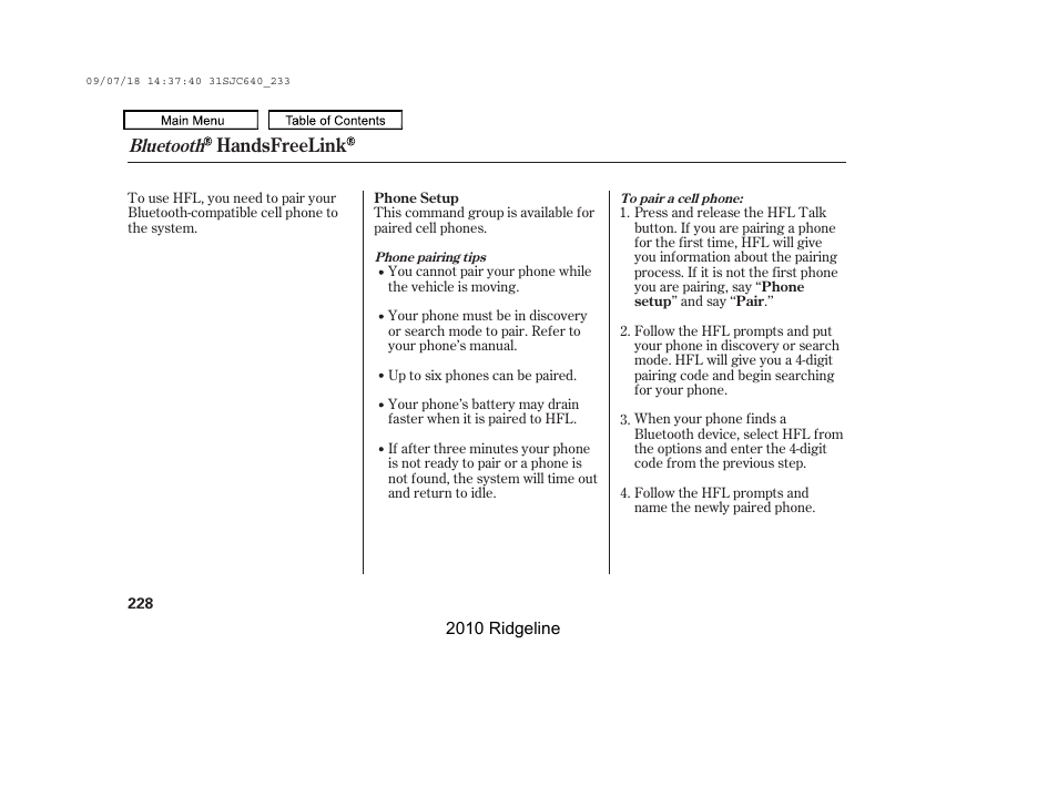 Handsfreelink, Bluetooth | HONDA 2010 Ridgeline User Manual | Page 232 / 423