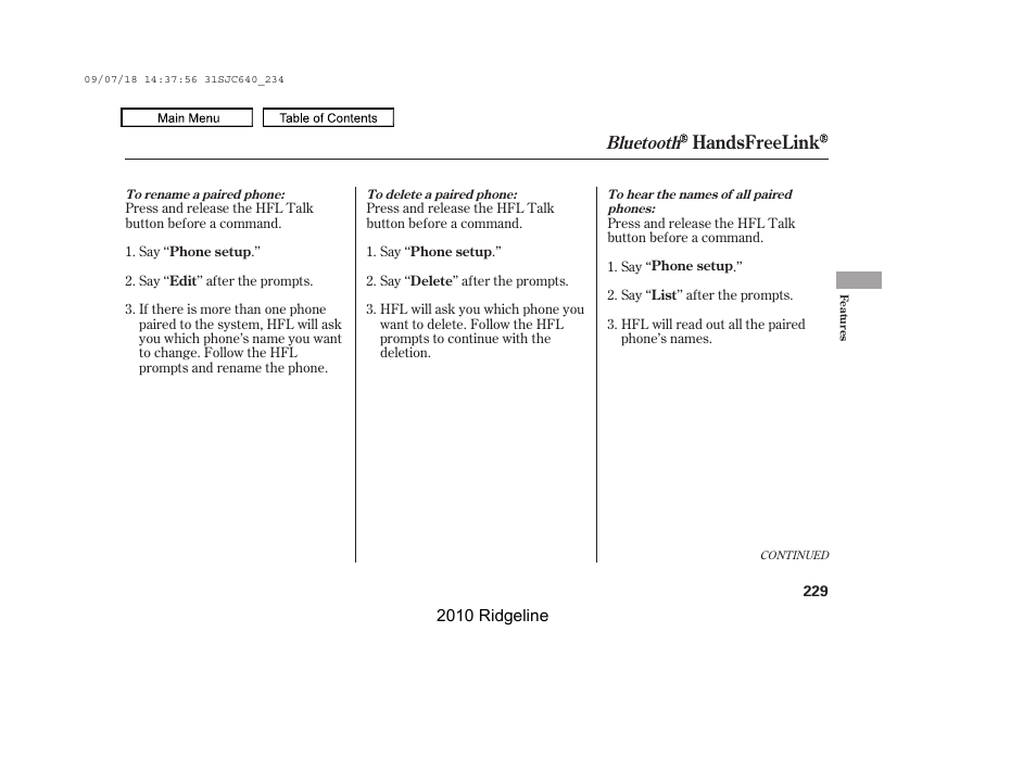 Handsfreelink, Bluetooth | HONDA 2010 Ridgeline User Manual | Page 233 / 423