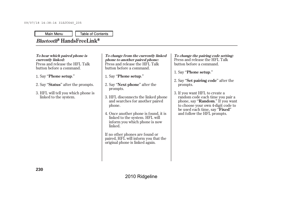 Handsfreelink, Bluetooth | HONDA 2010 Ridgeline User Manual | Page 234 / 423