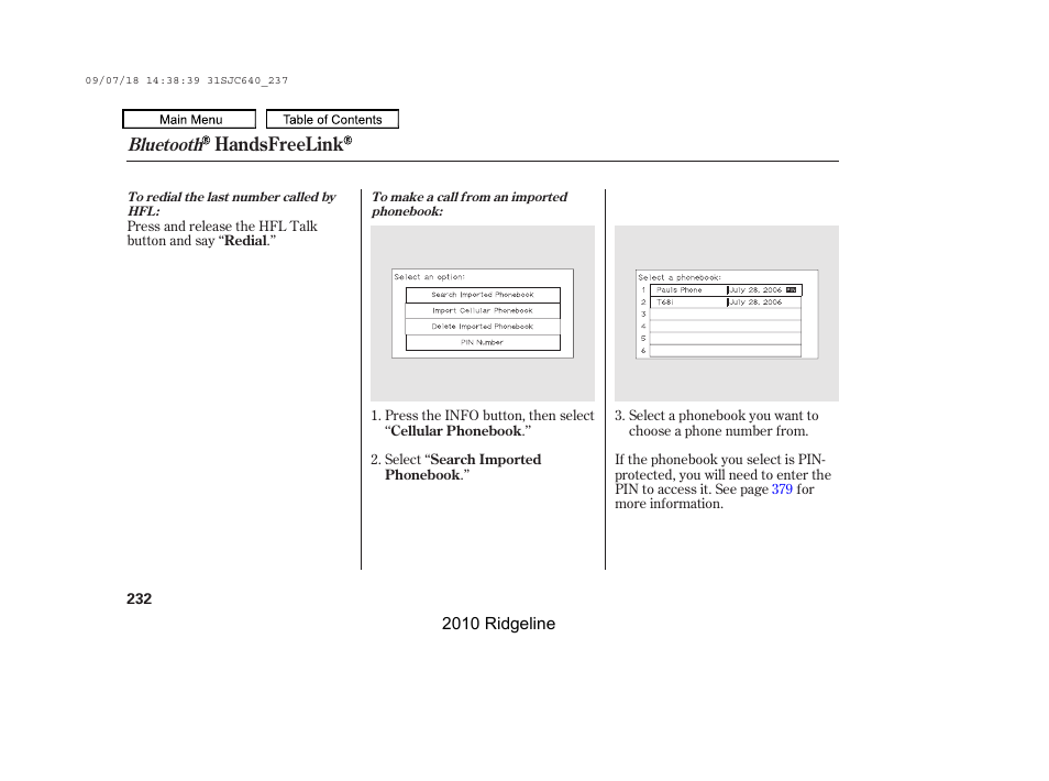 Handsfreelink, Bluetooth | HONDA 2010 Ridgeline User Manual | Page 236 / 423