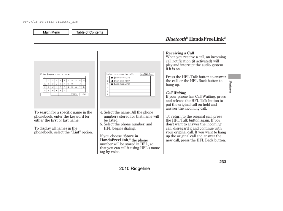 Handsfreelink, Bluetooth | HONDA 2010 Ridgeline User Manual | Page 237 / 423