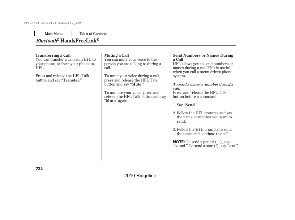 Handsfreelink, Bluetooth | HONDA 2010 Ridgeline User Manual | Page 238 / 423