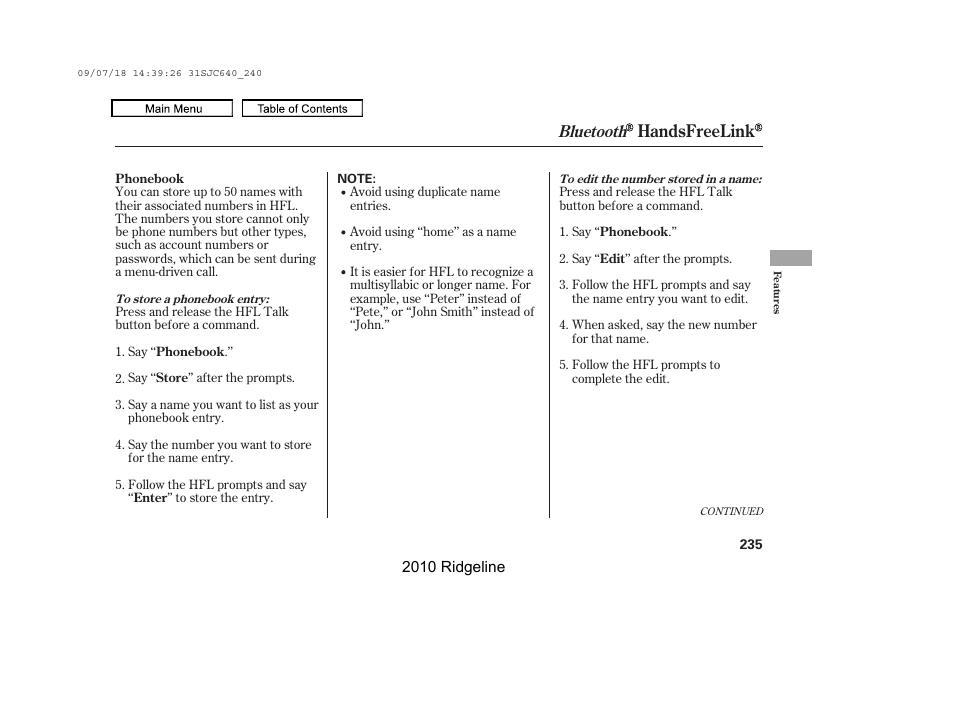 Handsfreelink, Bluetooth | HONDA 2010 Ridgeline User Manual | Page 239 / 423