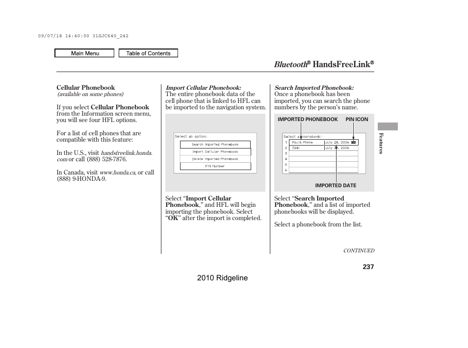 Handsfreelink, Bluetooth | HONDA 2010 Ridgeline User Manual | Page 241 / 423