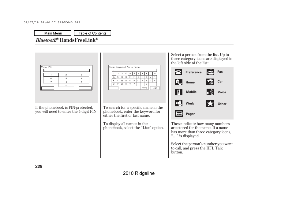 Handsfreelink, Bluetooth | HONDA 2010 Ridgeline User Manual | Page 242 / 423