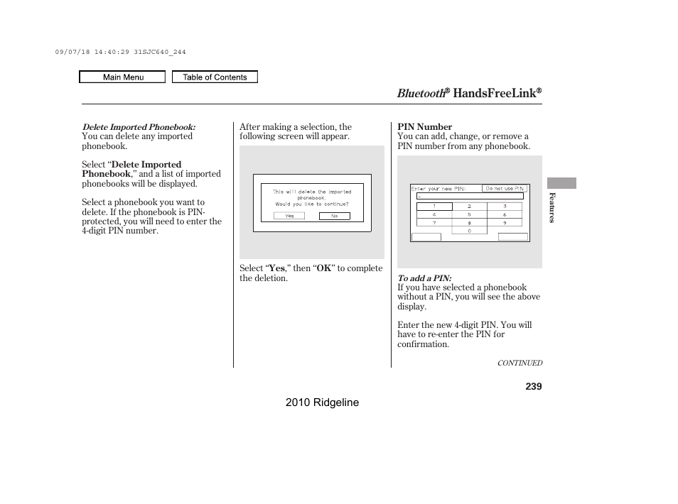 Handsfreelink, Bluetooth | HONDA 2010 Ridgeline User Manual | Page 243 / 423