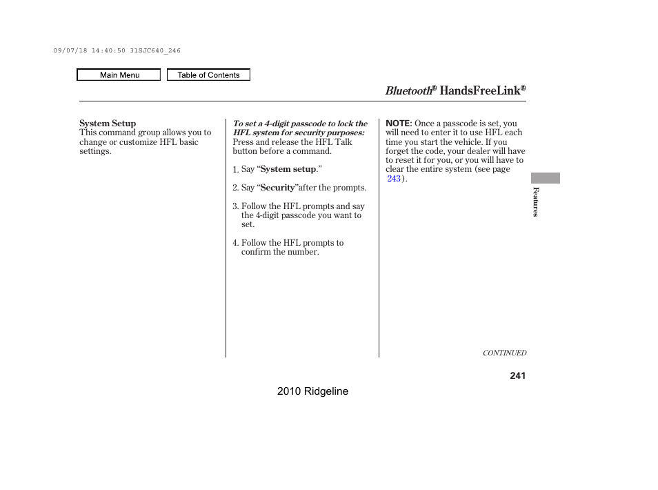 Handsfreelink, Bluetooth | HONDA 2010 Ridgeline User Manual | Page 245 / 423