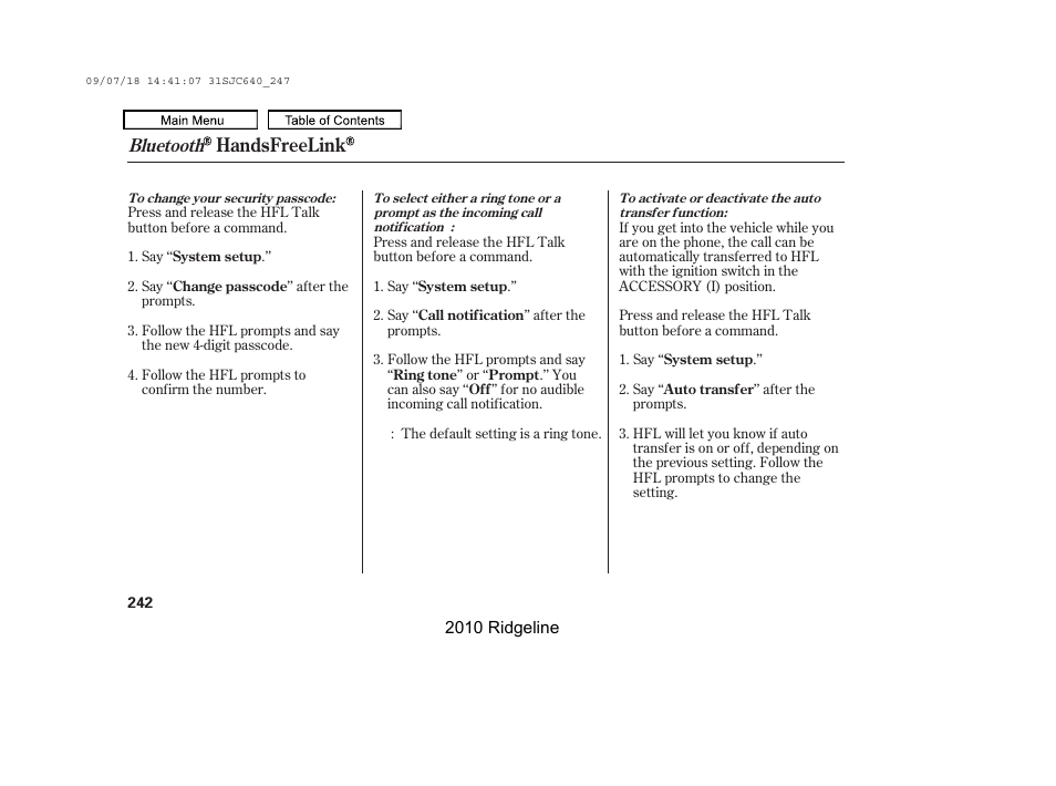 Handsfreelink, Bluetooth | HONDA 2010 Ridgeline User Manual | Page 246 / 423