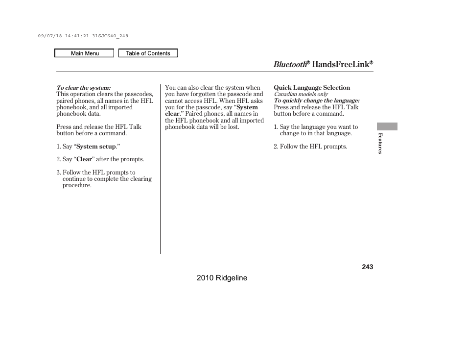 Handsfreelink, Bluetooth | HONDA 2010 Ridgeline User Manual | Page 247 / 423