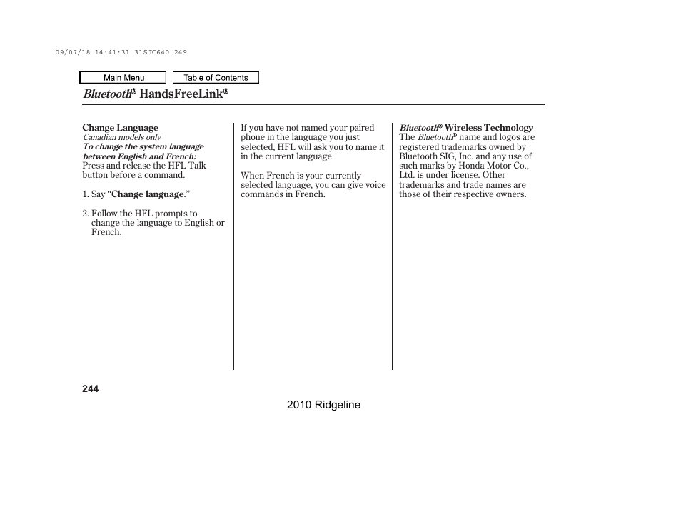 Handsfreelink, Bluetooth | HONDA 2010 Ridgeline User Manual | Page 248 / 423