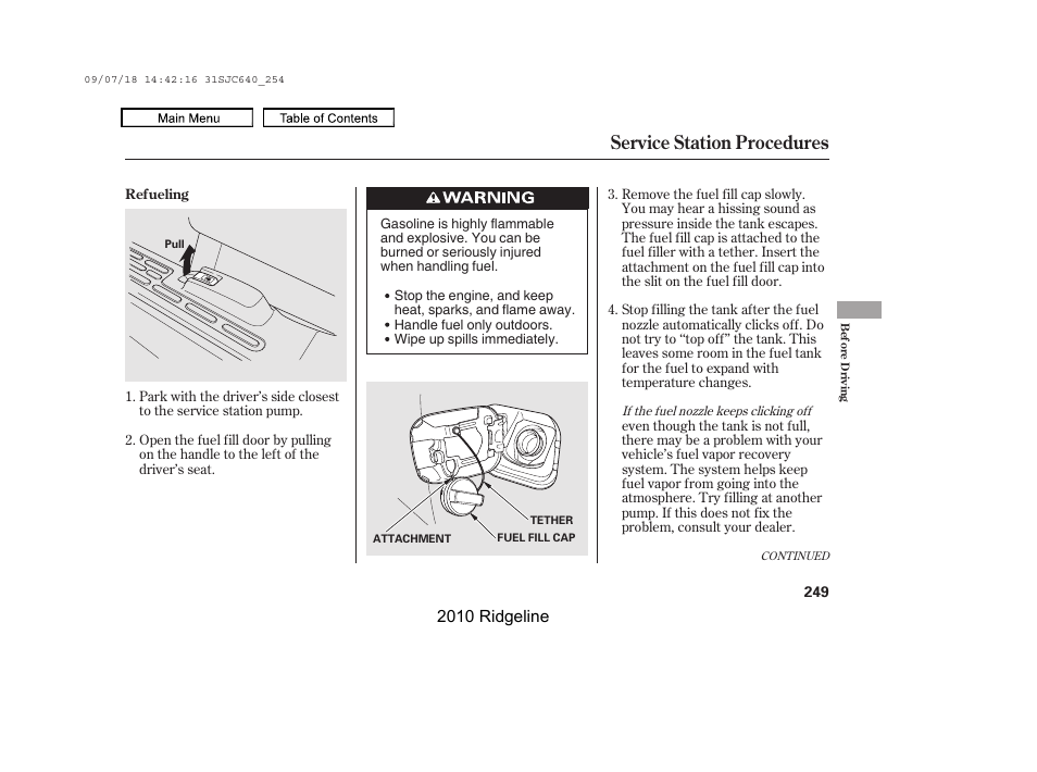 Service station procedures, 2010 ridgeline | HONDA 2010 Ridgeline User Manual | Page 253 / 423