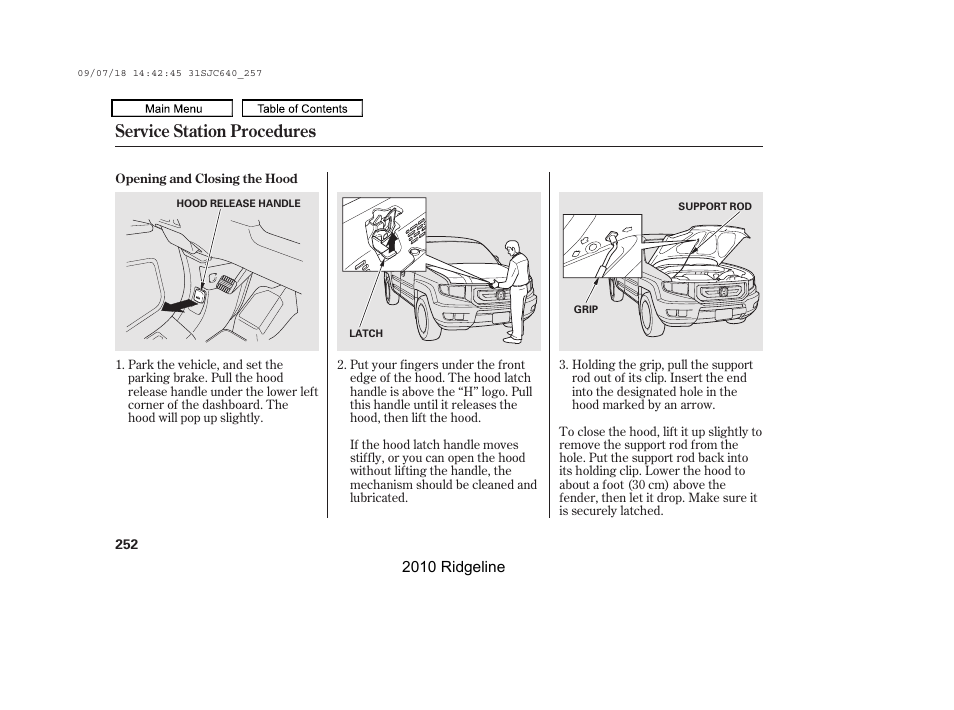 Service station procedures | HONDA 2010 Ridgeline User Manual | Page 256 / 423