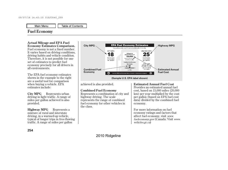 Fuel economy | HONDA 2010 Ridgeline User Manual | Page 258 / 423