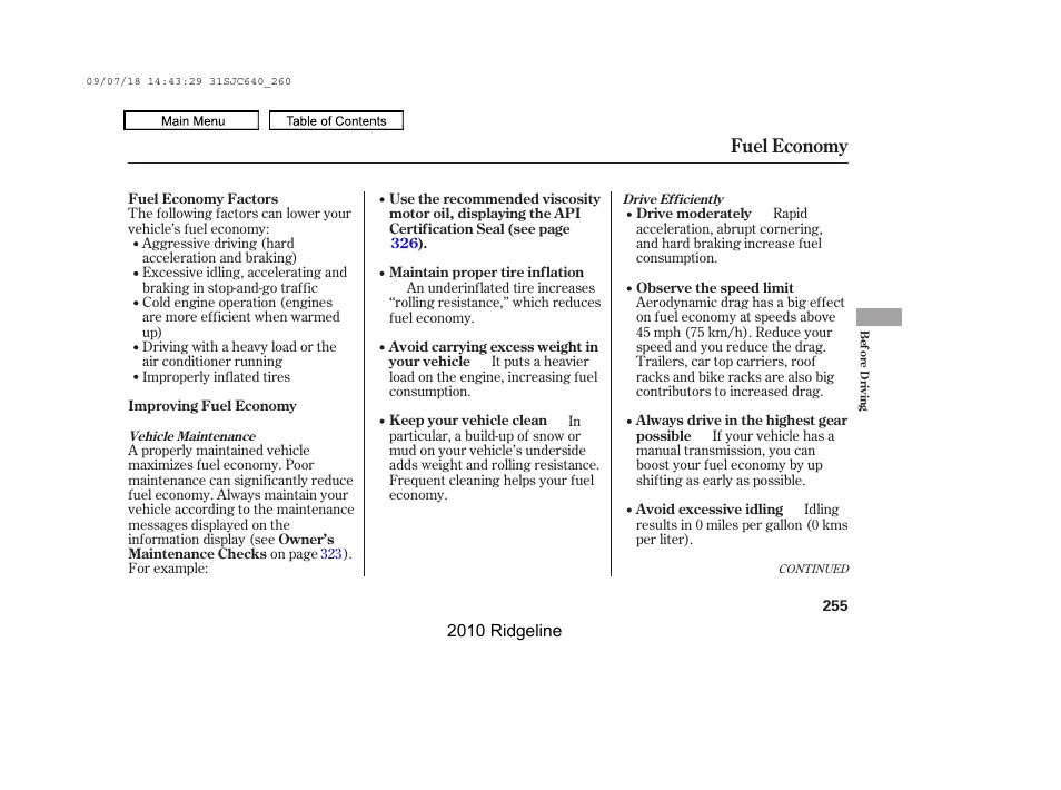 Fuel economy | HONDA 2010 Ridgeline User Manual | Page 259 / 423