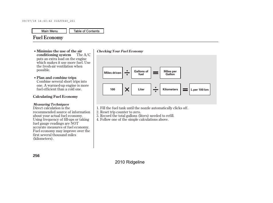 Fuel economy, 2010 ridgeline | HONDA 2010 Ridgeline User Manual | Page 260 / 423