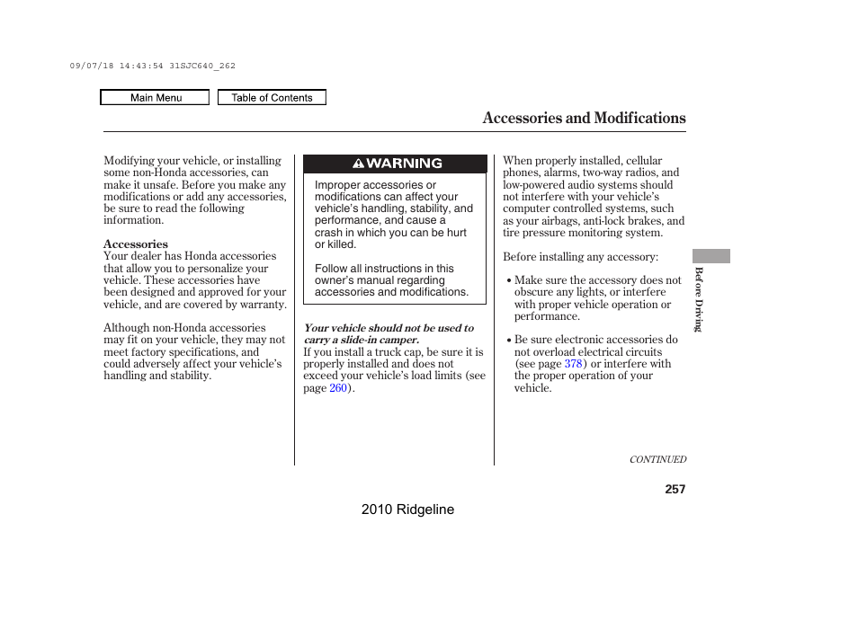 Accessories and modifications | HONDA 2010 Ridgeline User Manual | Page 261 / 423